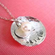 Personalized Hand Stamped Jewelry By HannahDesign - Dainty Heart and Round Pendant with Freshwater Pearl