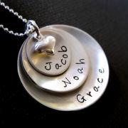 Hand Stamped Jewelry - Domed Hand Stamped Personalized Sterling Silver Necklace for Mom - Three Pendants
