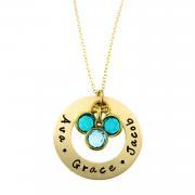 Hand Stamped Necklace - Golden Circle of Names I Love with Birthstone Crystals