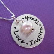 Hand Stamped Jewelry - Teacher Appreciation Necklace - Personalized Sterling Silver Necklace with Freshwater Pearl