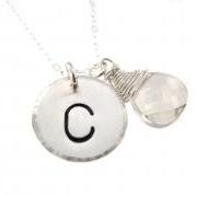 Hand Stamped Necklace - Initial on Sterling Silver Disc with Silver Crystal Drop