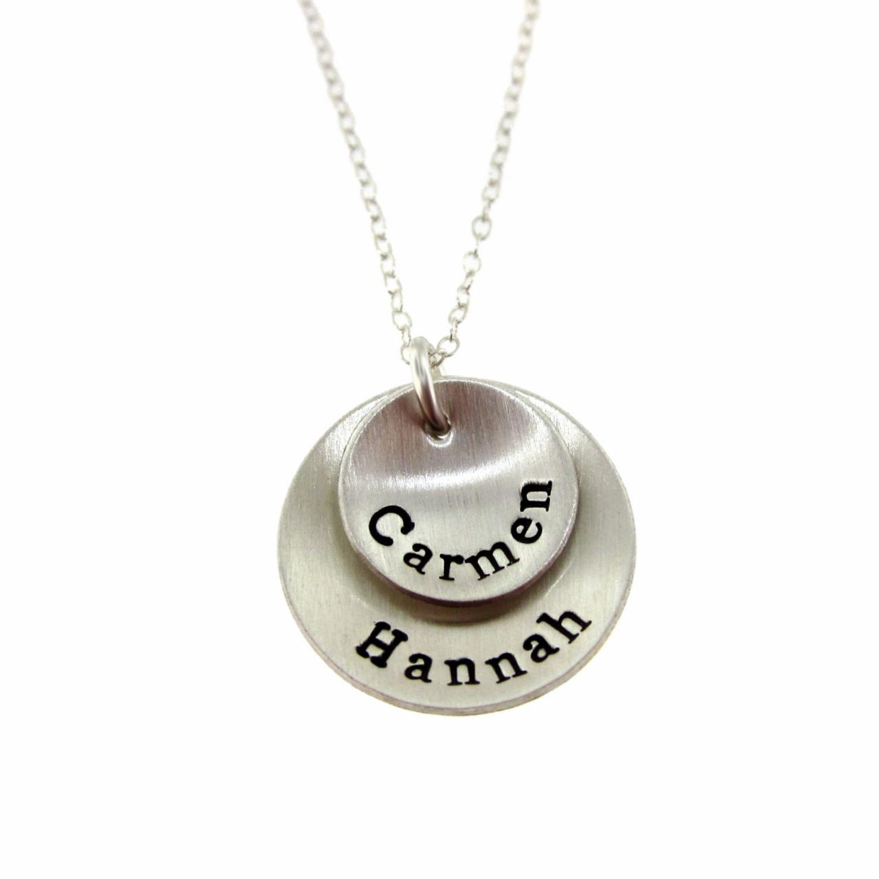 Hand Stamped Jewelry - Personalized Sterling Silver Necklace For Mom - Two Pendants Domed