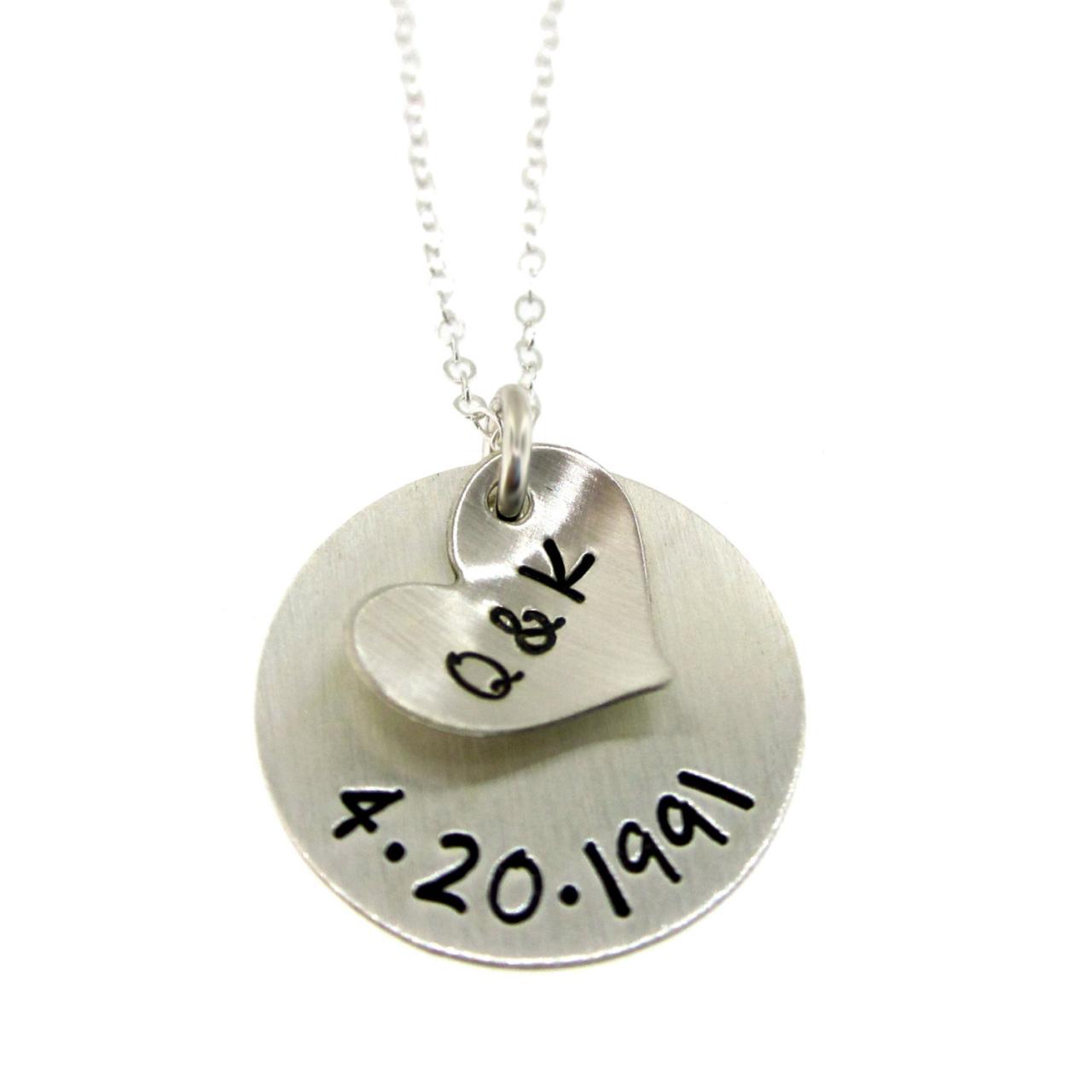 Personalized / Customized Sterling Silver Necklace - Our Initials And Anniversary Date Hand Stamped Jewelry