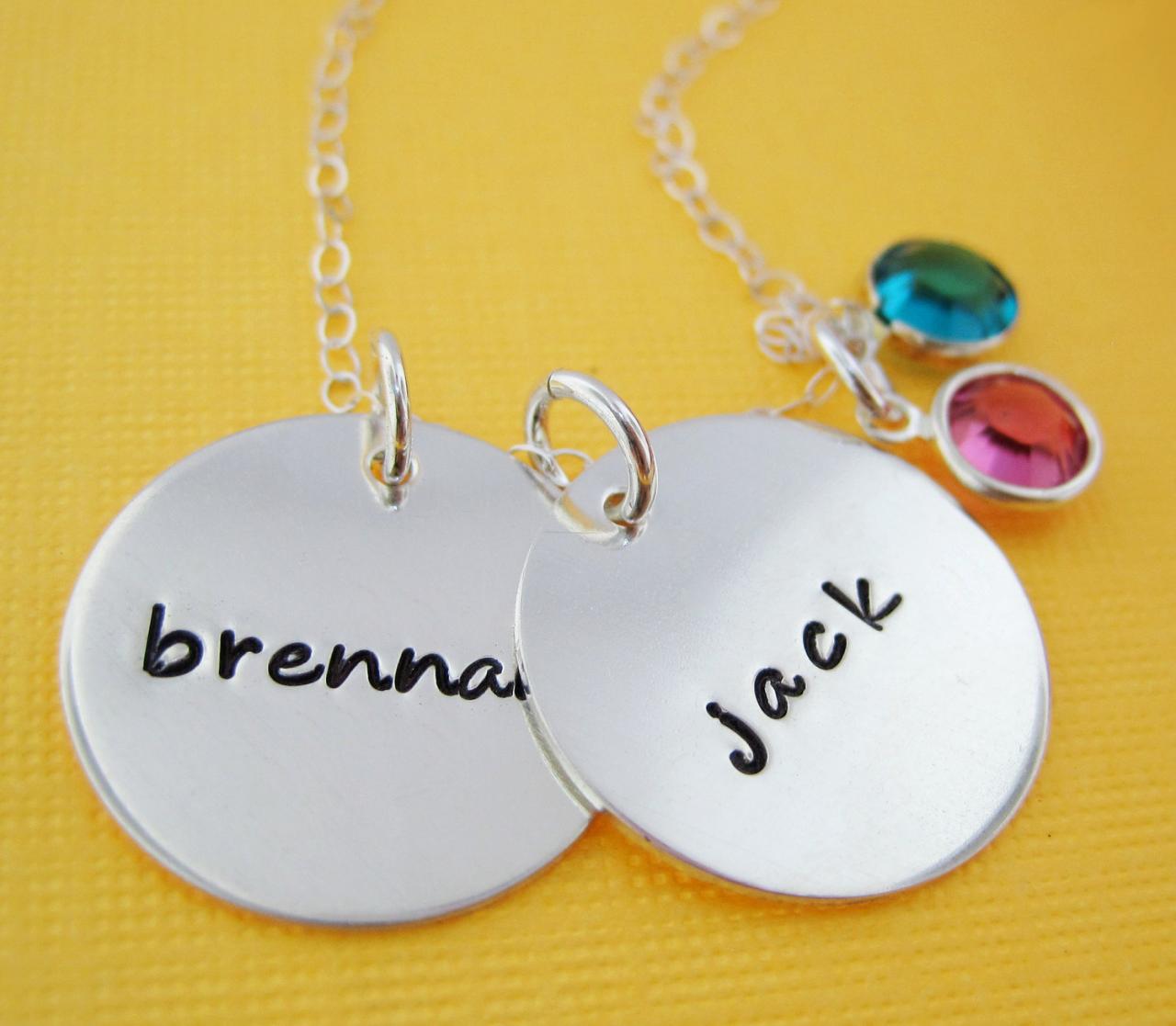 Hand Stamped Jewelry - Personalized Necklaces For Mothers - Two Charms Name Necklace With Birthstones