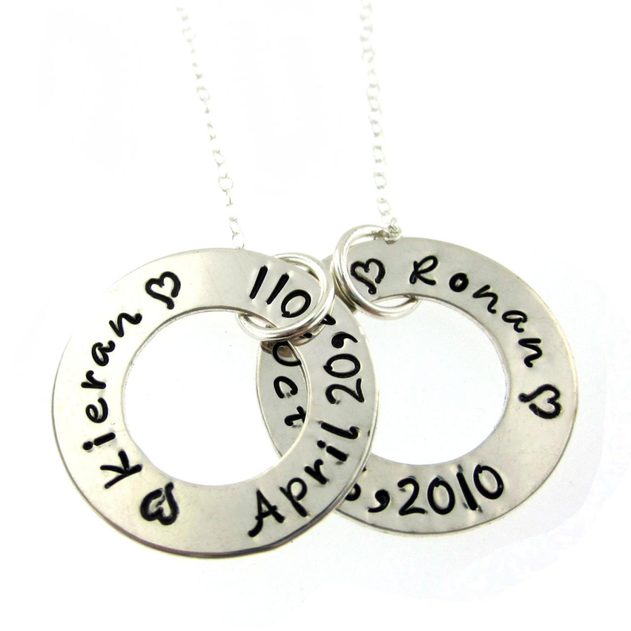 Hand Stamped Necklace - Two Circle Of Names And Dates...