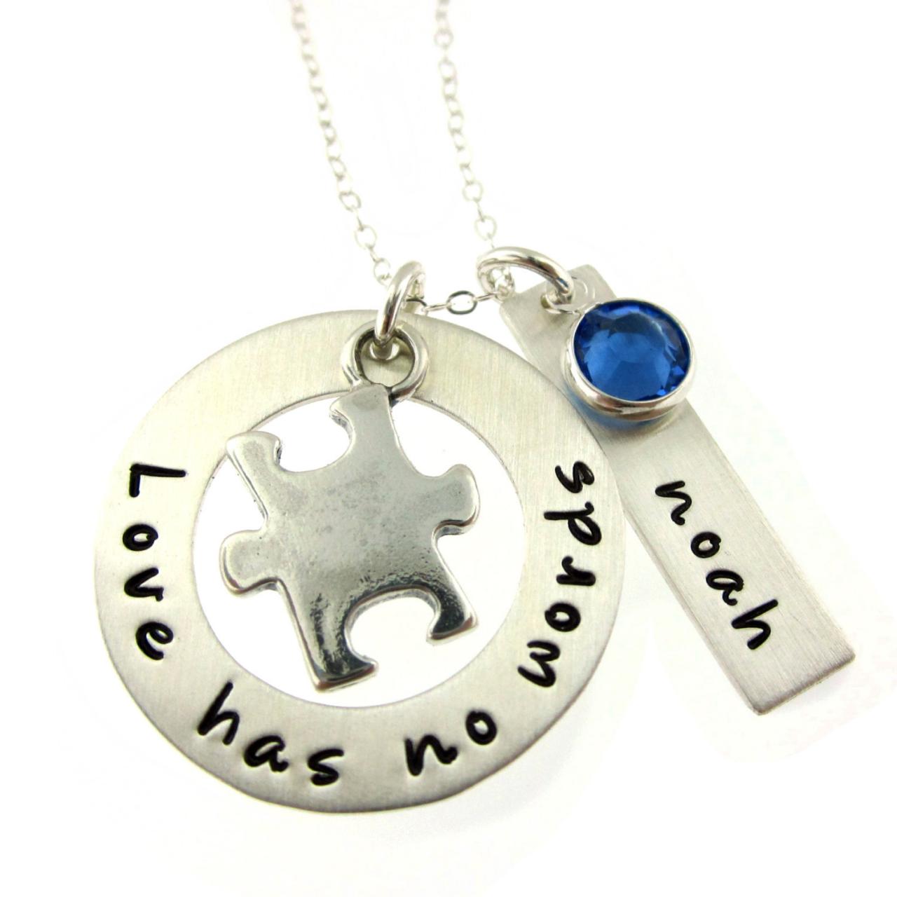 Autism Awareness - Love Has No Words... Personalized Sterling Silver Necklace With Name And Birthstone
