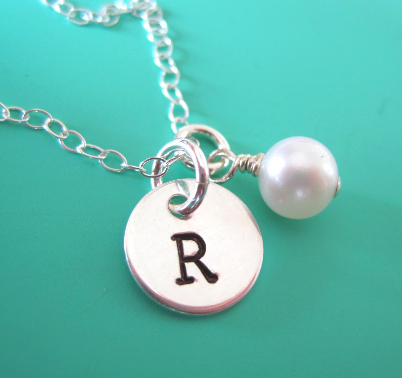 Initial Hand Stamped Sterling Silver Necklace With Freshwater Pearl