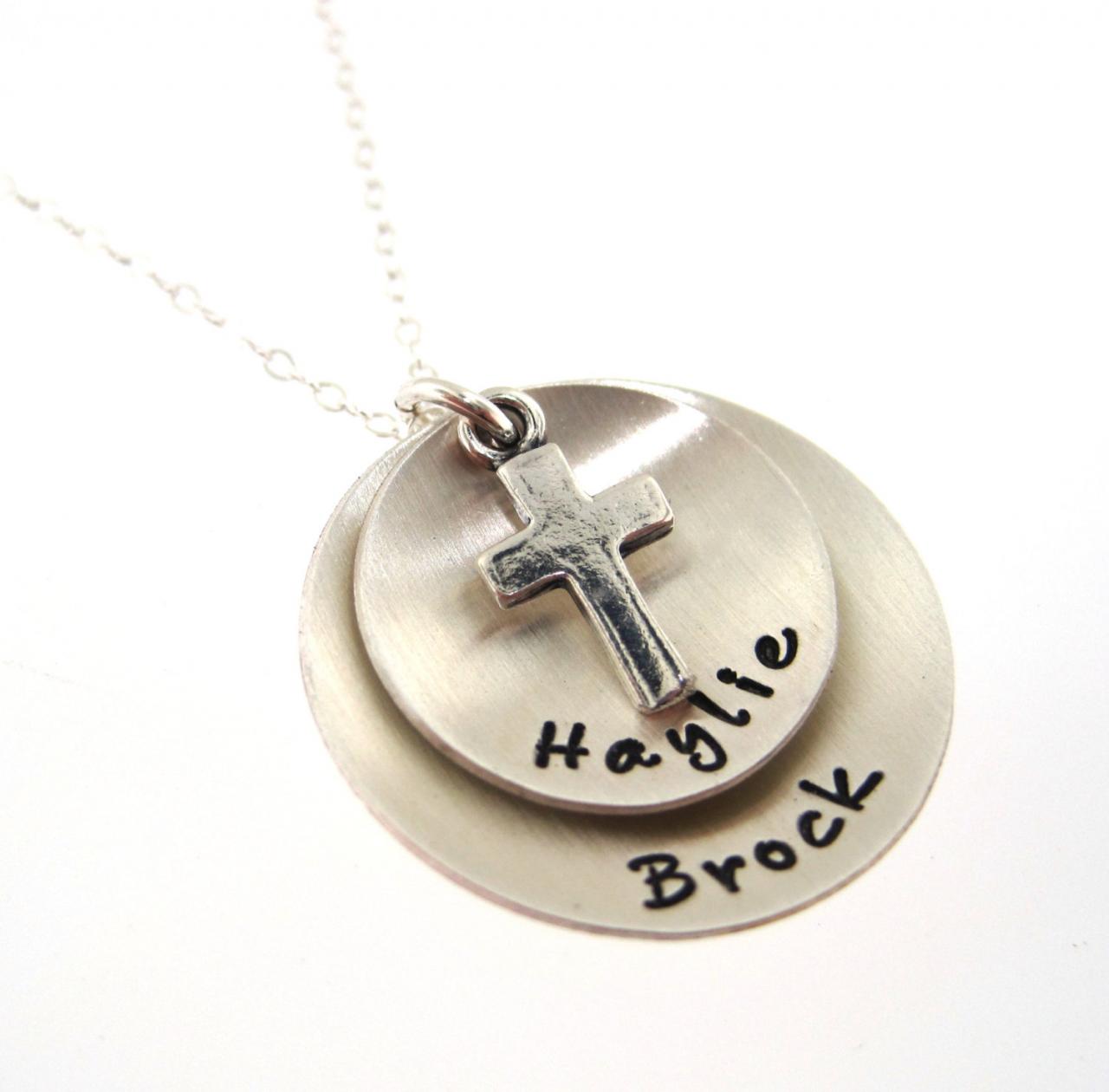 Two Sterling Silver Discs With Sterling Silver Cross Charm - Personalized Hand Stamped Necklace