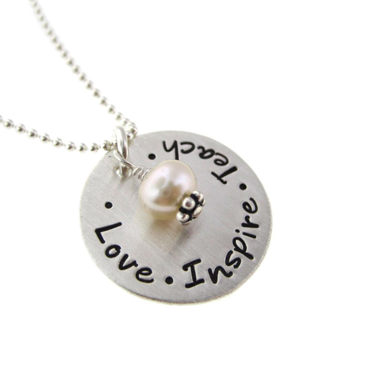 Hand Stamped Jewelry - Teacher Appreciation Necklace - Personalized Sterling Silver Necklace With Freshwater Pearl