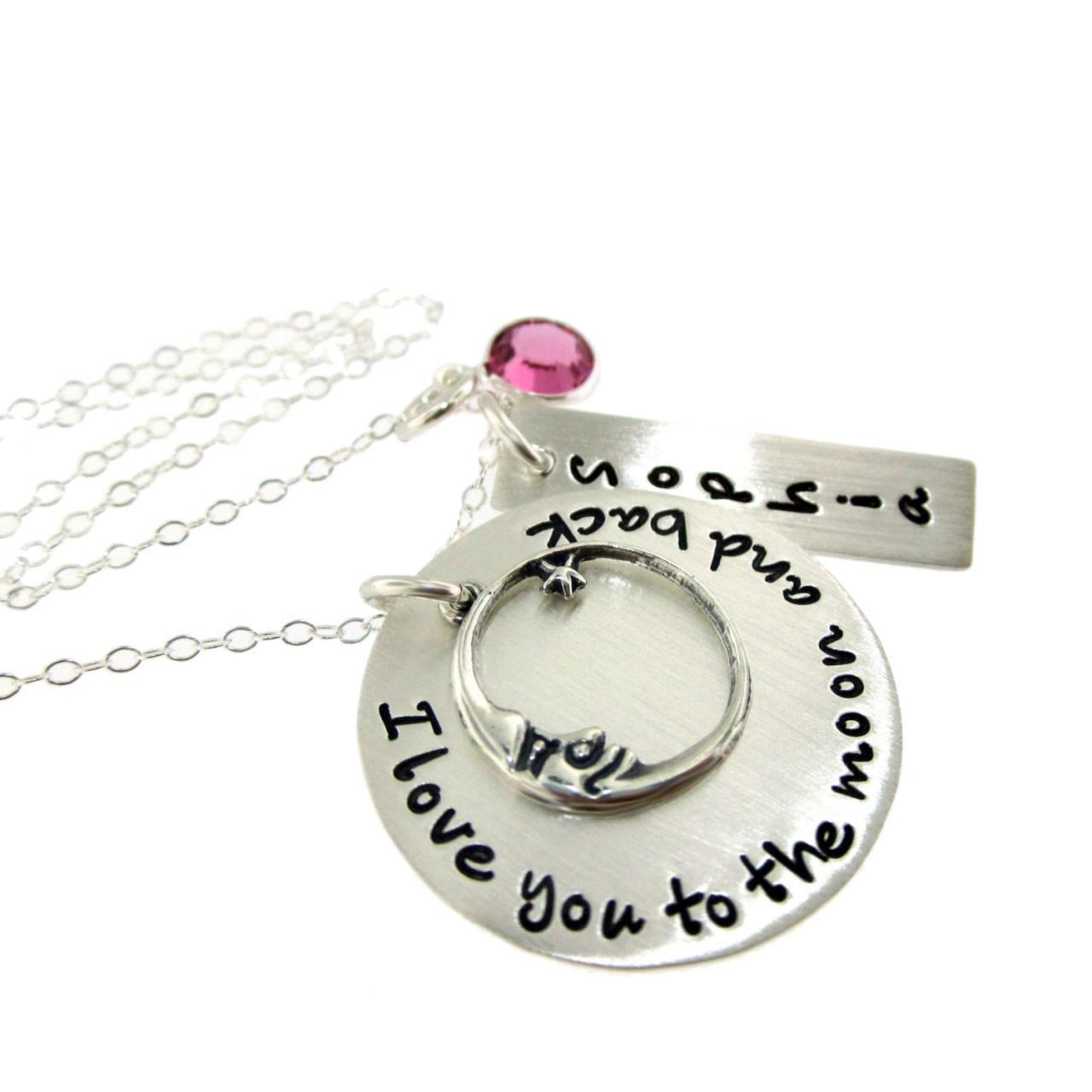 Hand Stamped Necklace For Mothers - Ultimate I Love You To The Moon And Back Personalized Sterling Silver Necklace With Name And Birthstone